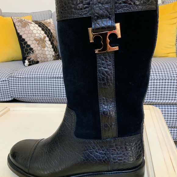 BEAUTIFUL TORY BURCH BLACK COREY MID CALF FLAT LEATHER SUEDE BOOTS SIZE 6.5 - Picture 3 of 16